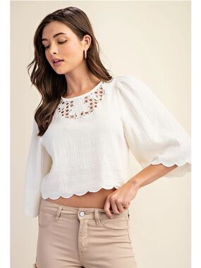 Crochet Yoke White Scallop Hem Blouse